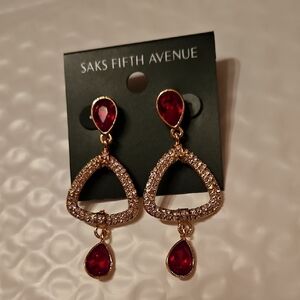 Saks Fifth Avenue Red, Gold, And Rhinestone Dangle Earrings, NWT